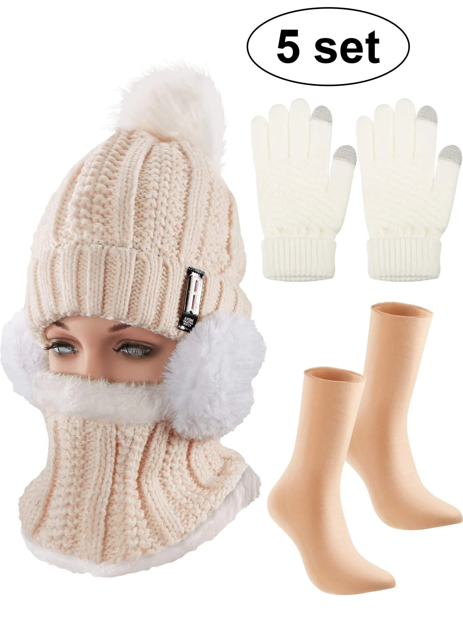 5 Pieces Women Winter Ski Outing Set, Knit Hat Scarf Gloves Earmuffs Stockings Beige, Khaki
