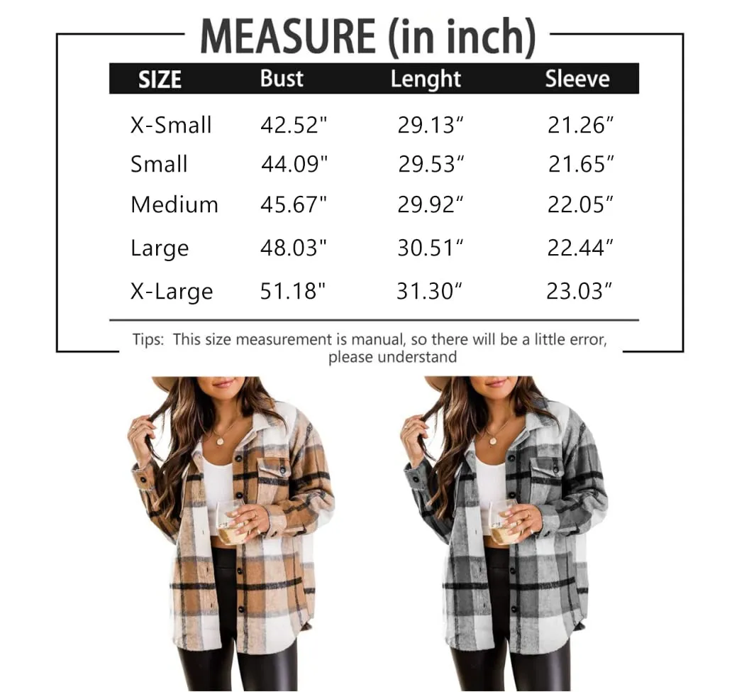 Black White Womens Casual Plaid Shacket Wool Blend Button Down Long Sleeve Shirt Fall Jacket Shackets - AUTOMET