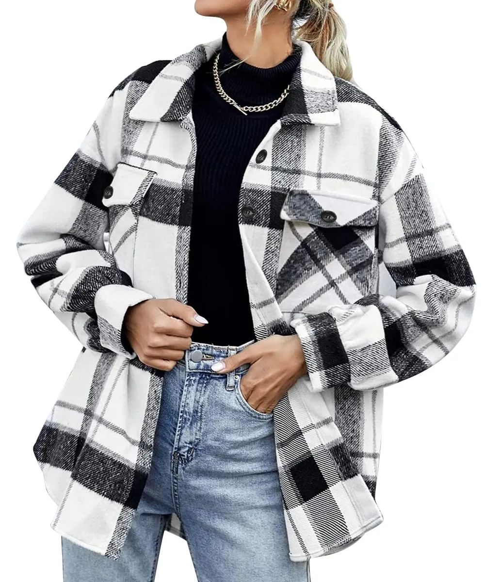 Black White Womens Casual Plaid Shacket Wool Blend Button Down Long Sleeve Shirt Fall Jacket Shackets - AUTOMET