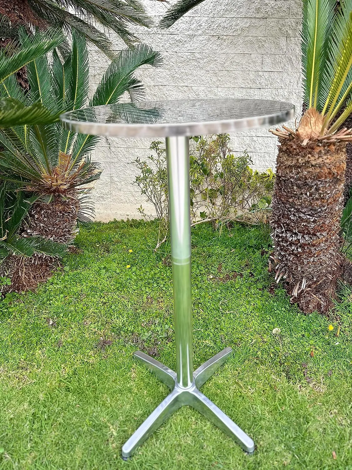 BTExpert Aluminum Indoor Outdoor 23.75" Round Restaurant Bar height 44" Table flip top, Patio Stainless Steel Silver Furniture 25.75" base Set of 2