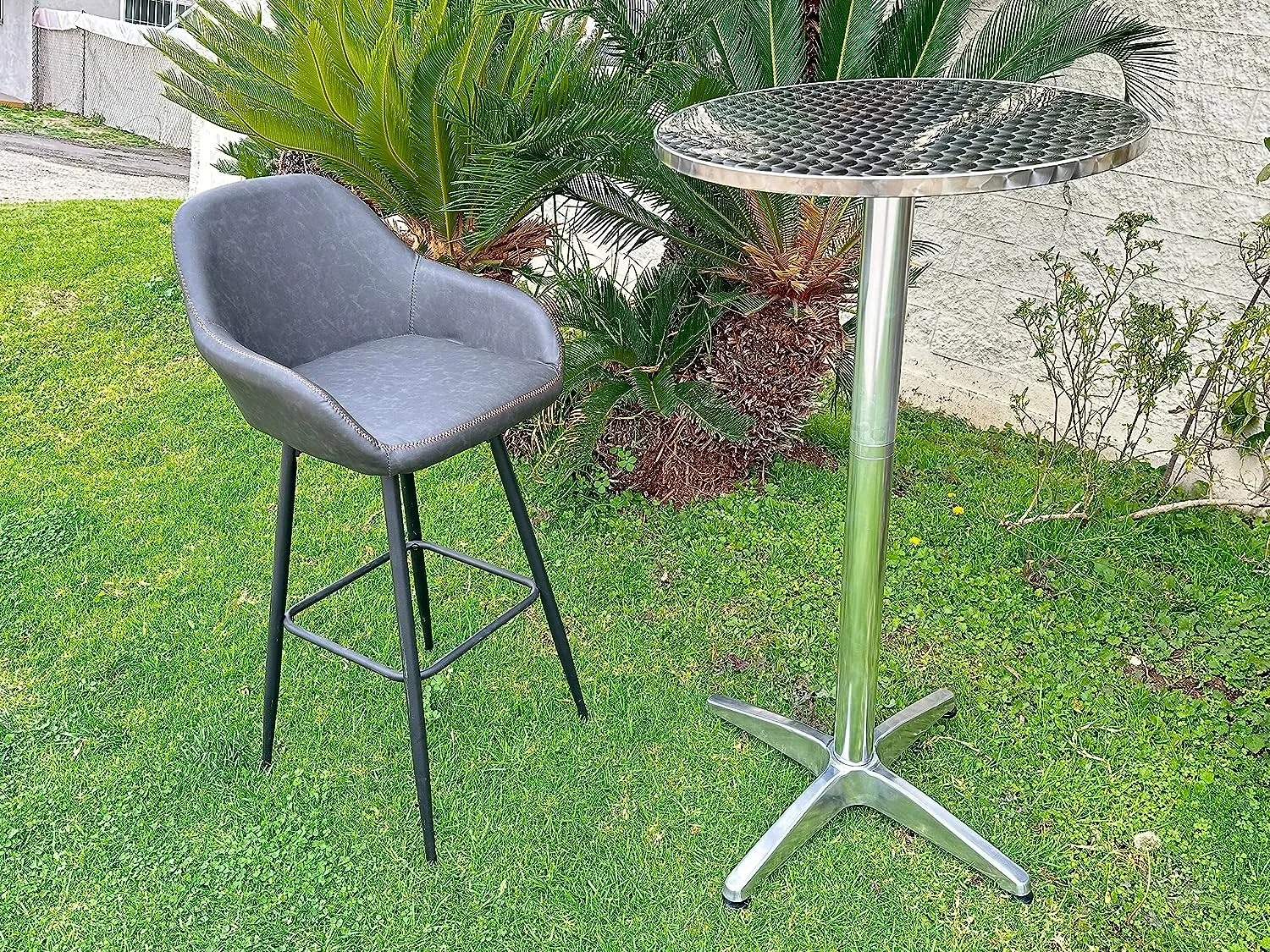 BTExpert Aluminum Indoor Outdoor 23.75" Round Restaurant Bar height 44" Table flip top, Patio Stainless Steel Silver Furniture 25.75" base Set of 2