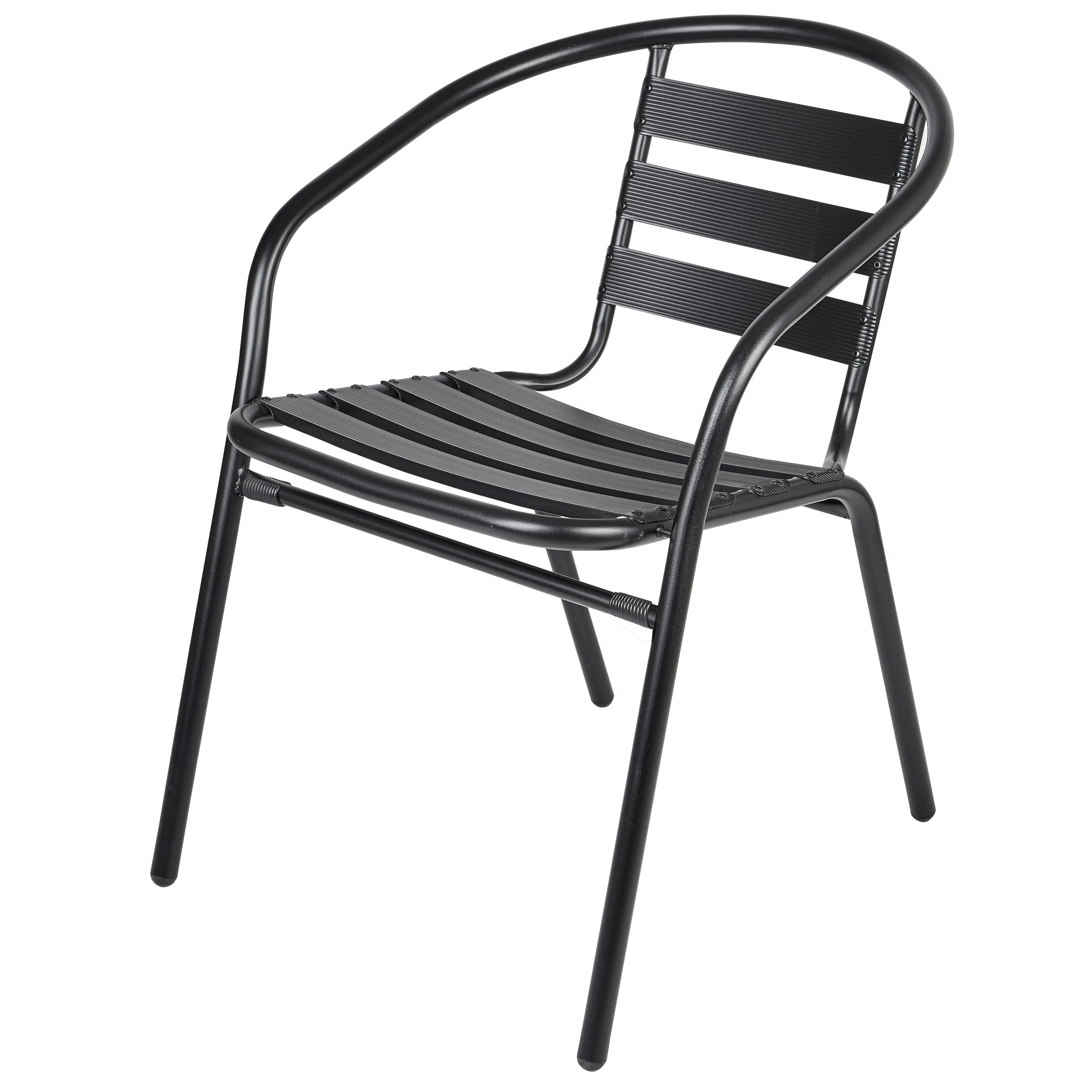 BTExpert Indoor Outdoor 23.75" Round Restaurant Table Stainless Steel Silver Aluminum   4 Black Metal Slat Stack Chairs Lightweight