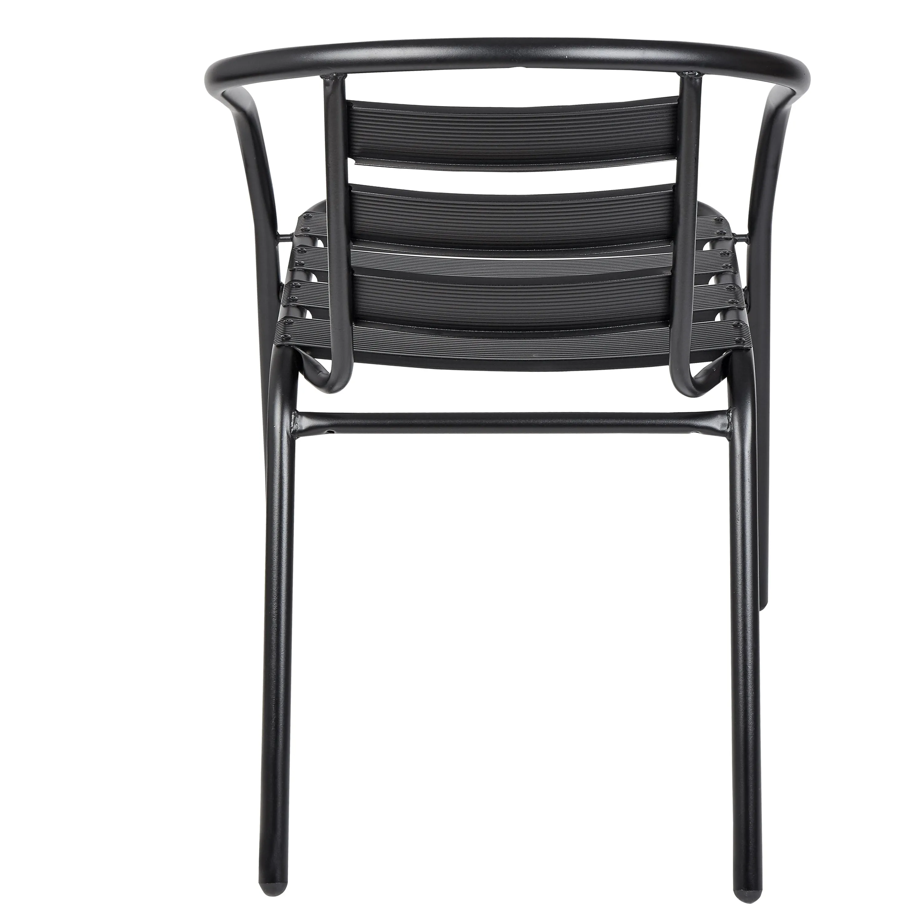 BTExpert Indoor Outdoor 23.75" Round Restaurant Table Stainless Steel Silver Aluminum   4 Black Metal Slat Stack Chairs Lightweight