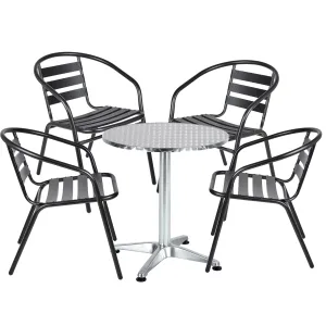 BTExpert Indoor Outdoor 23.75" Round Restaurant Table Stainless Steel Silver Aluminum   4 Black Metal Slat Stack Chairs Lightweight