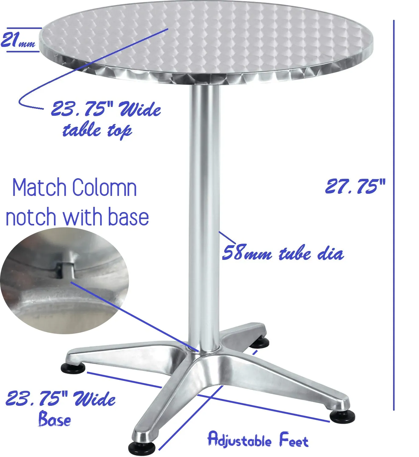 BTExpert Indoor Outdoor 23.75" Round Restaurant Table Stainless Steel Silver Aluminum   4 Black Metal Slat Stack Chairs Lightweight