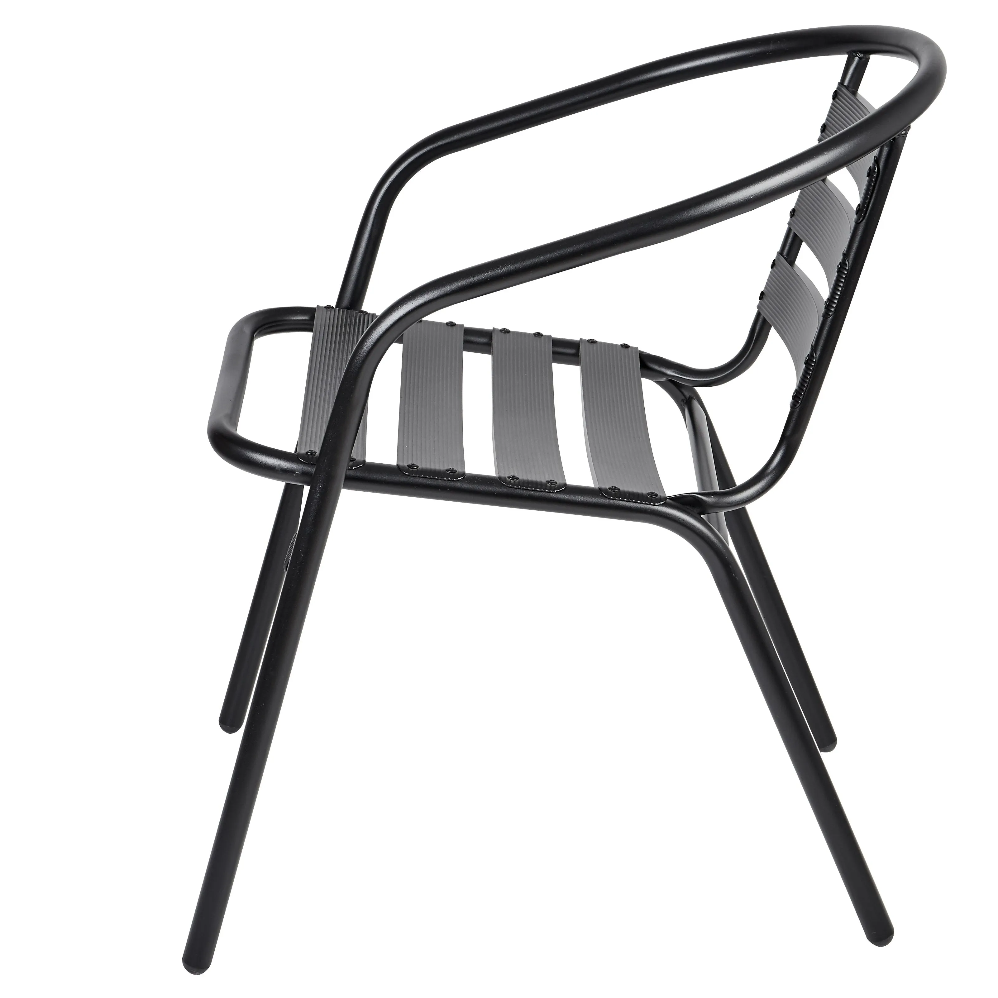 BTExpert Indoor Outdoor 23.75" Round Restaurant Table Stainless Steel Silver Aluminum   4 Black Metal Slat Stack Chairs Lightweight