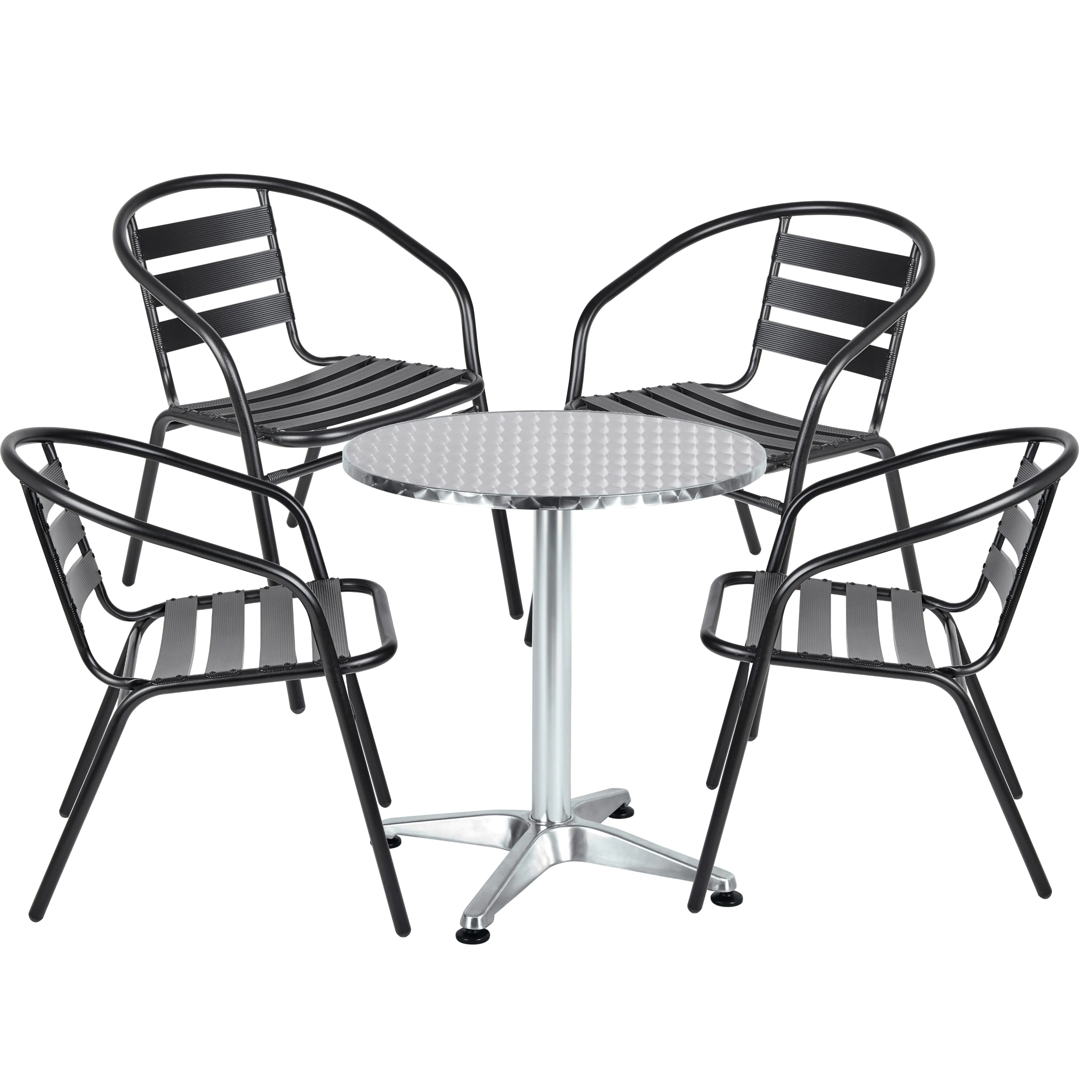 BTExpert Indoor Outdoor 23.75" Round Restaurant Table Stainless Steel Silver Aluminum   4 Black Metal Slat Stack Chairs Lightweight