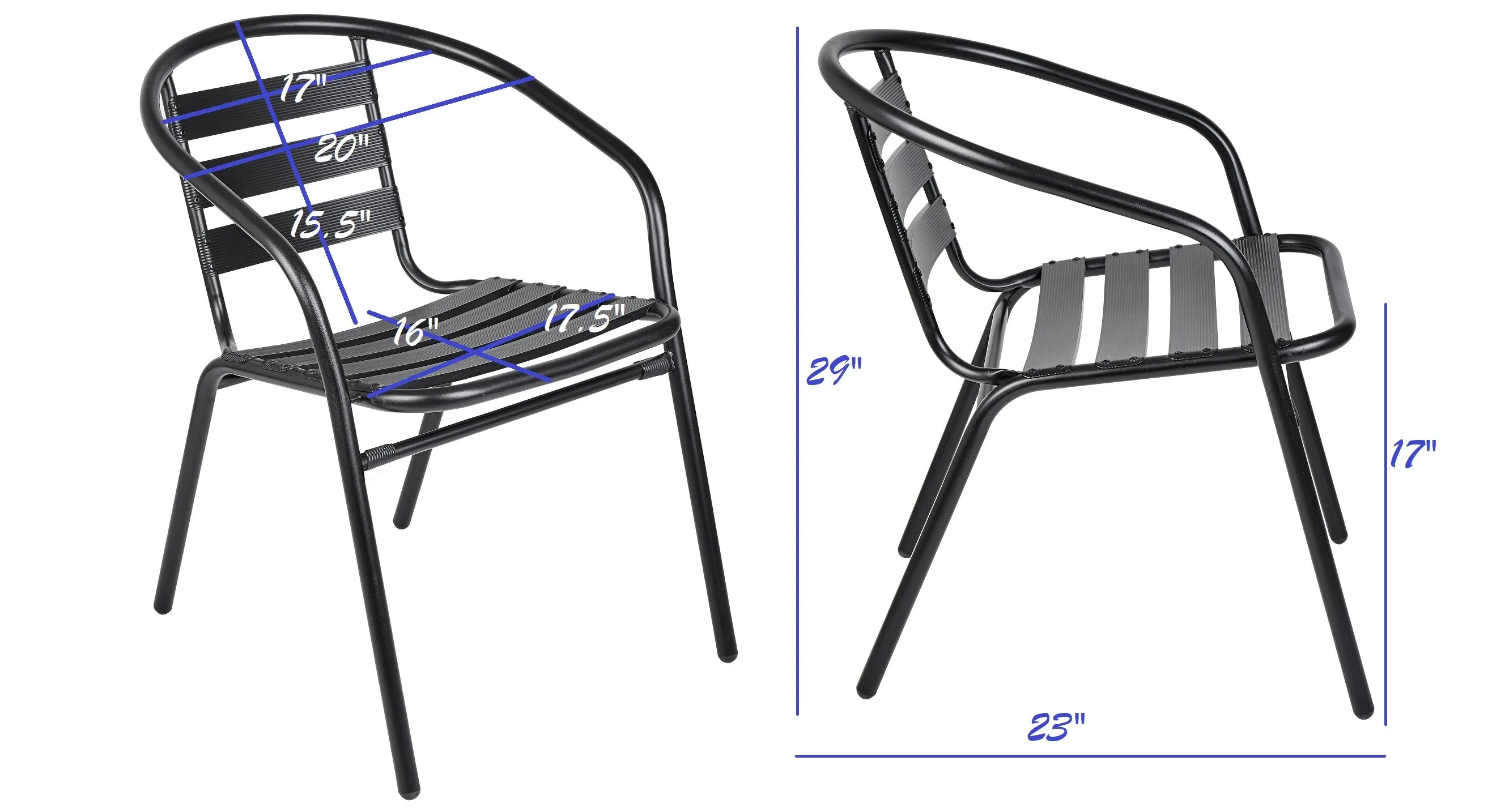 BTExpert Indoor Outdoor 23.75" Round Restaurant Table Stainless Steel Silver Aluminum   4 Black Metal Slat Stack Chairs Lightweight