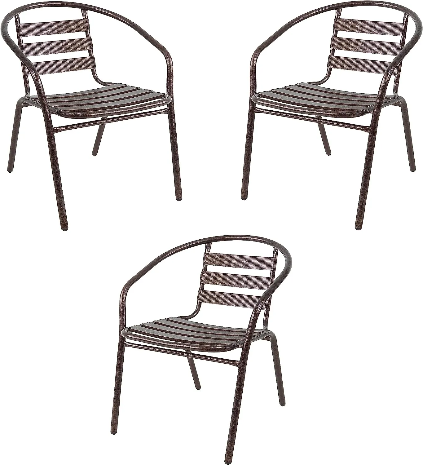 BTExpert Indoor Outdoor 27.5" Round Restaurant Table Stainless Steel Silver Aluminum   3 Bronze Metal Slat Stack Chairs Commercial Lightweight
