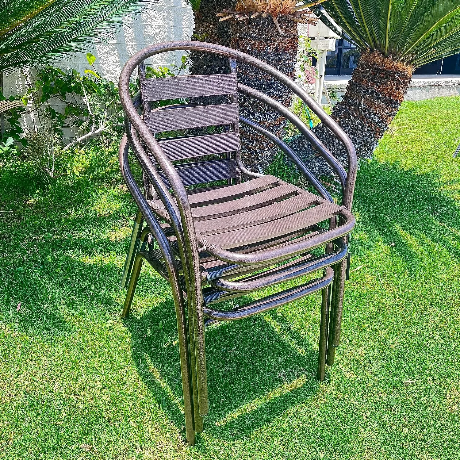 BTExpert Indoor Outdoor 27.5" Round Restaurant Table Stainless Steel Silver Aluminum   3 Bronze Metal Slat Stack Chairs Commercial Lightweight