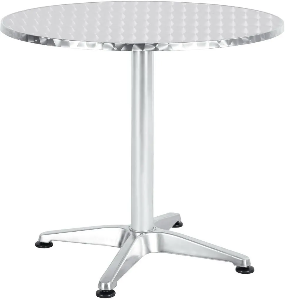 BTExpert Indoor Outdoor 27.5" Round Restaurant Table Stainless Steel Silver Aluminum   3 Bronze Metal Slat Stack Chairs Commercial Lightweight