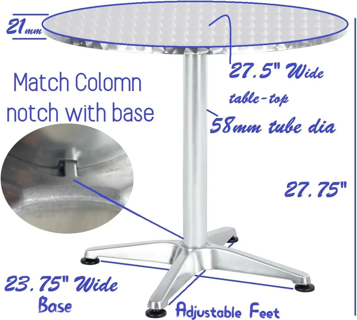 BTExpert Indoor Outdoor 27.5" Round Restaurant Table Stainless Steel Silver Aluminum   3 Bronze Metal Slat Stack Chairs Commercial Lightweight