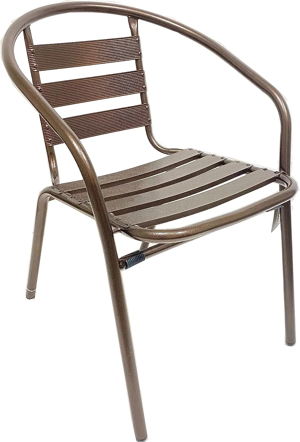BTExpert Indoor Outdoor 27.5" Round Restaurant Table Stainless Steel Silver Aluminum   3 Bronze Metal Slat Stack Chairs Commercial Lightweight