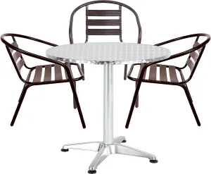 BTExpert Indoor Outdoor 27.5" Round Restaurant Table Stainless Steel Silver Aluminum   3 Bronze Metal Slat Stack Chairs Commercial Lightweight