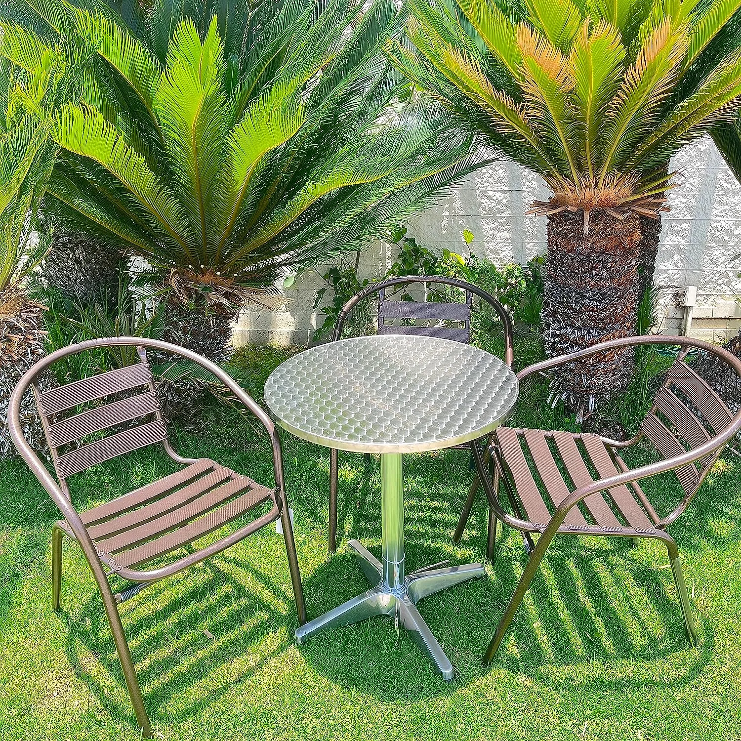 BTExpert Indoor Outdoor 27.5" Round Restaurant Table Stainless Steel Silver Aluminum   3 Bronze Metal Slat Stack Chairs Commercial Lightweight