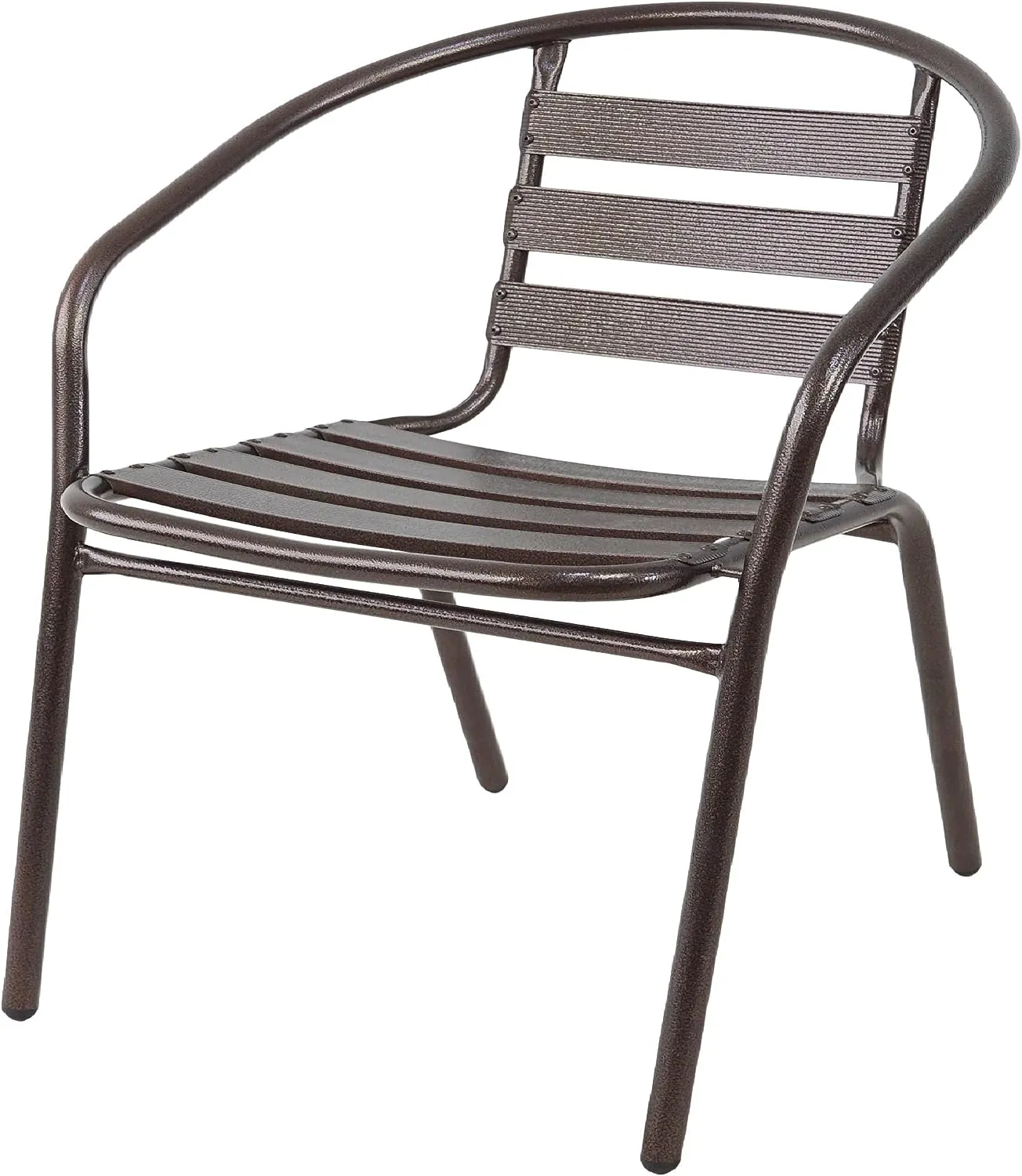 BTExpert Indoor Outdoor 27.5" Round Restaurant Table Stainless Steel Silver Aluminum   3 Bronze Metal Slat Stack Chairs Commercial Lightweight