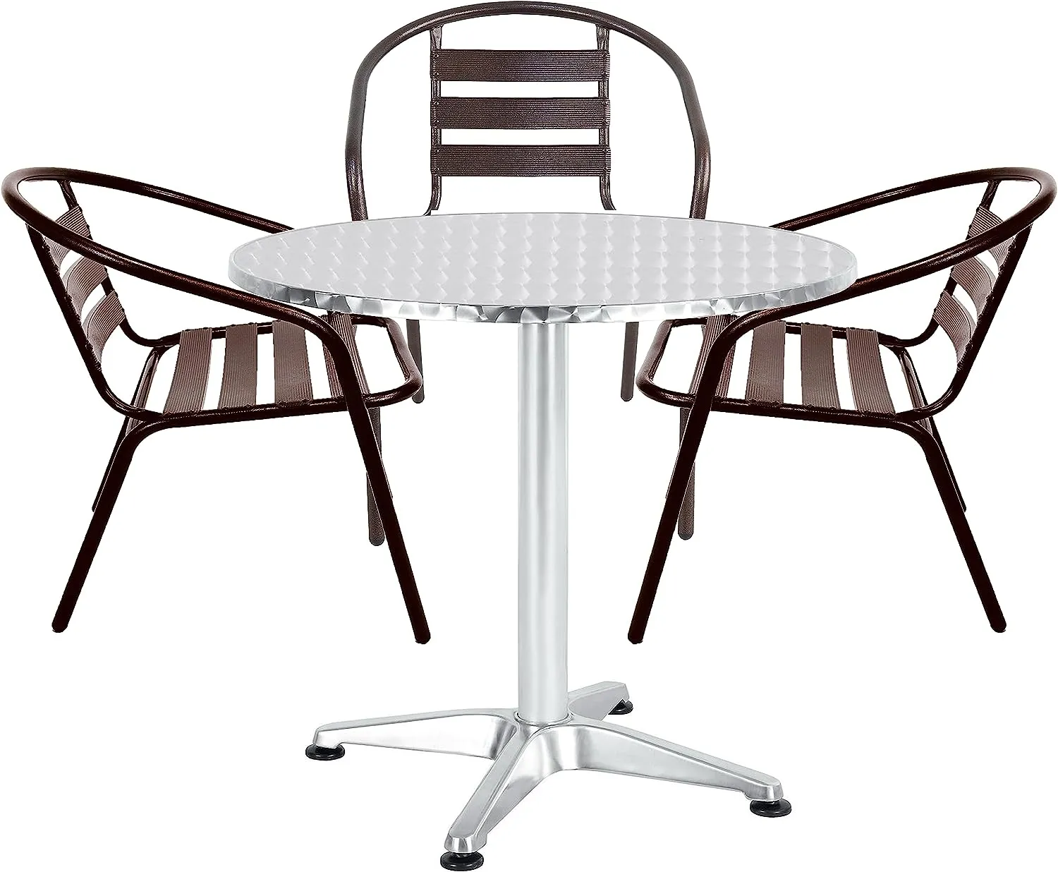 BTExpert Indoor Outdoor 27.5" Round Restaurant Table Stainless Steel Silver Aluminum   3 Bronze Metal Slat Stack Chairs Commercial Lightweight
