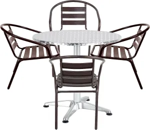 BTExpert Indoor Outdoor 27.5" Round Restaurant Table Stainless Steel Silver Aluminum   4 Bronze Metal Slat Stack Chairs Lightweight