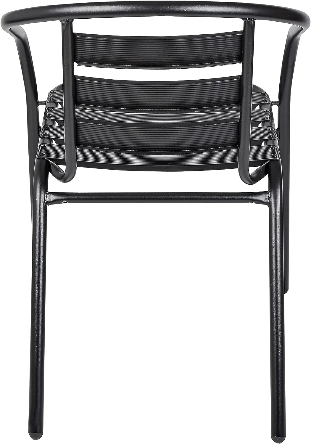 BTExpert Indoor Outdoor 27.5" Square Restaurant Table Stainless Steel Silver Aluminum   4 Black Metal Aluminum Slat Stack Chairs Commercial Lightweight