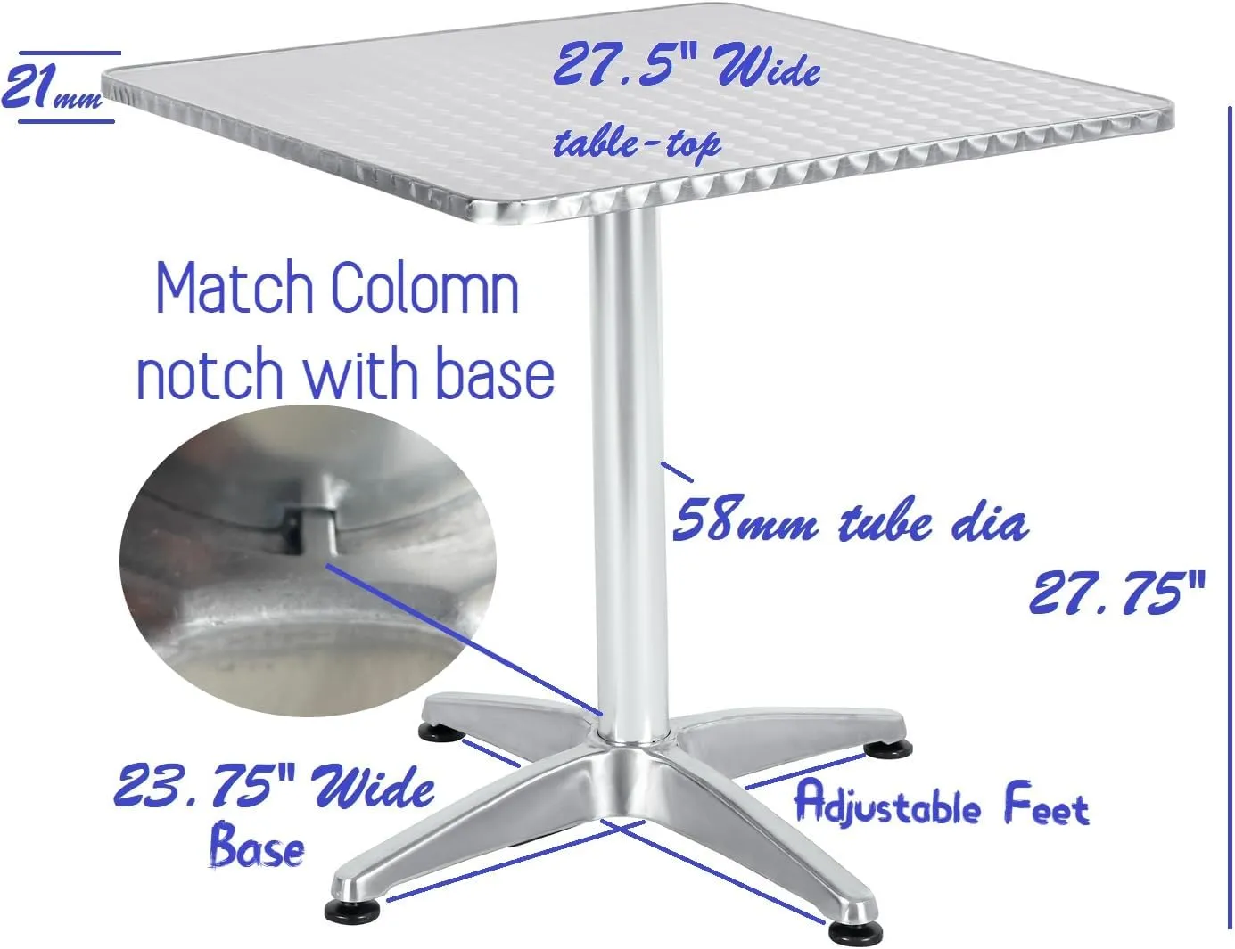 BTExpert Indoor Outdoor 27.5" Square Restaurant Table Stainless Steel Silver Aluminum   4 Black Metal Aluminum Slat Stack Chairs Commercial Lightweight