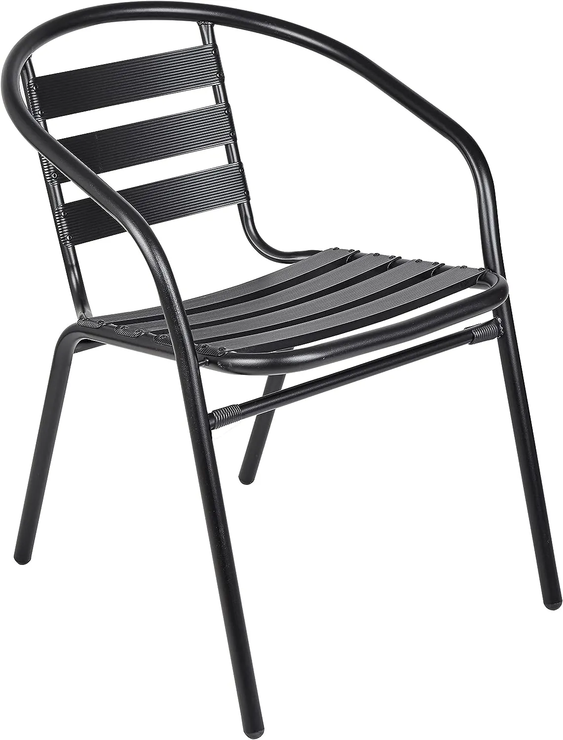 BTExpert Indoor Outdoor 27.5" Square Restaurant Table Stainless Steel Silver Aluminum   4 Black Metal Aluminum Slat Stack Chairs Commercial Lightweight