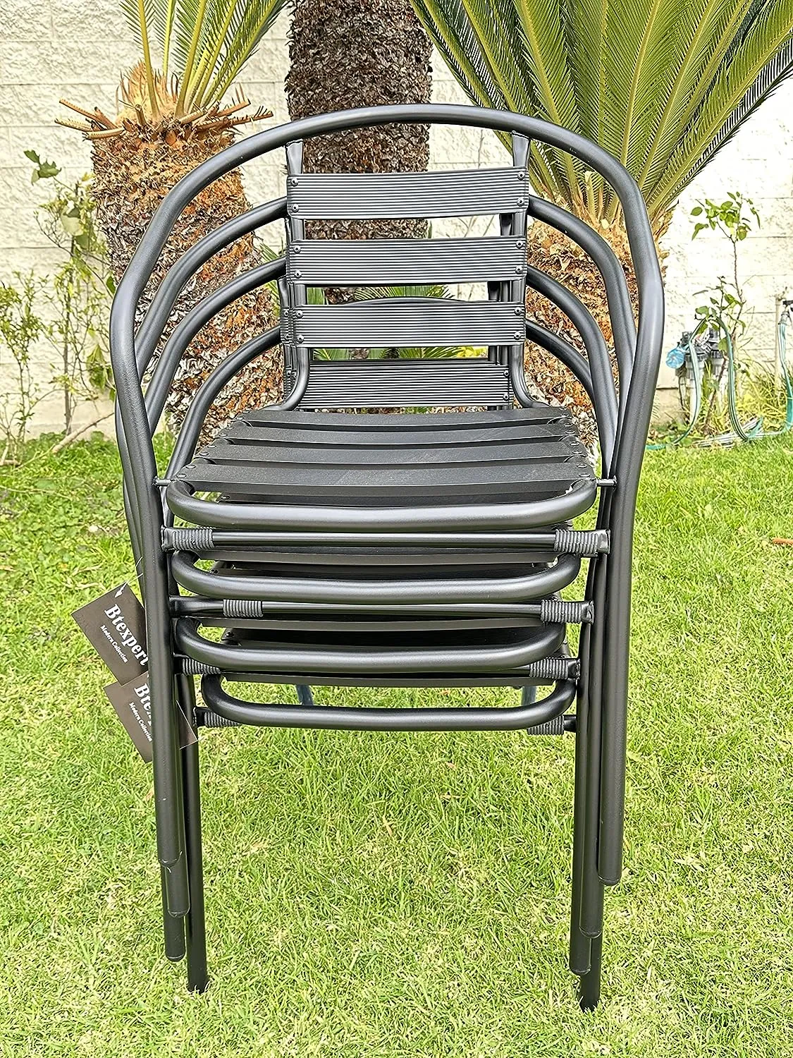 BTExpert Indoor Outdoor 27.5" Square Restaurant Table Stainless Steel Silver Aluminum   4 Black Metal Aluminum Slat Stack Chairs Commercial Lightweight