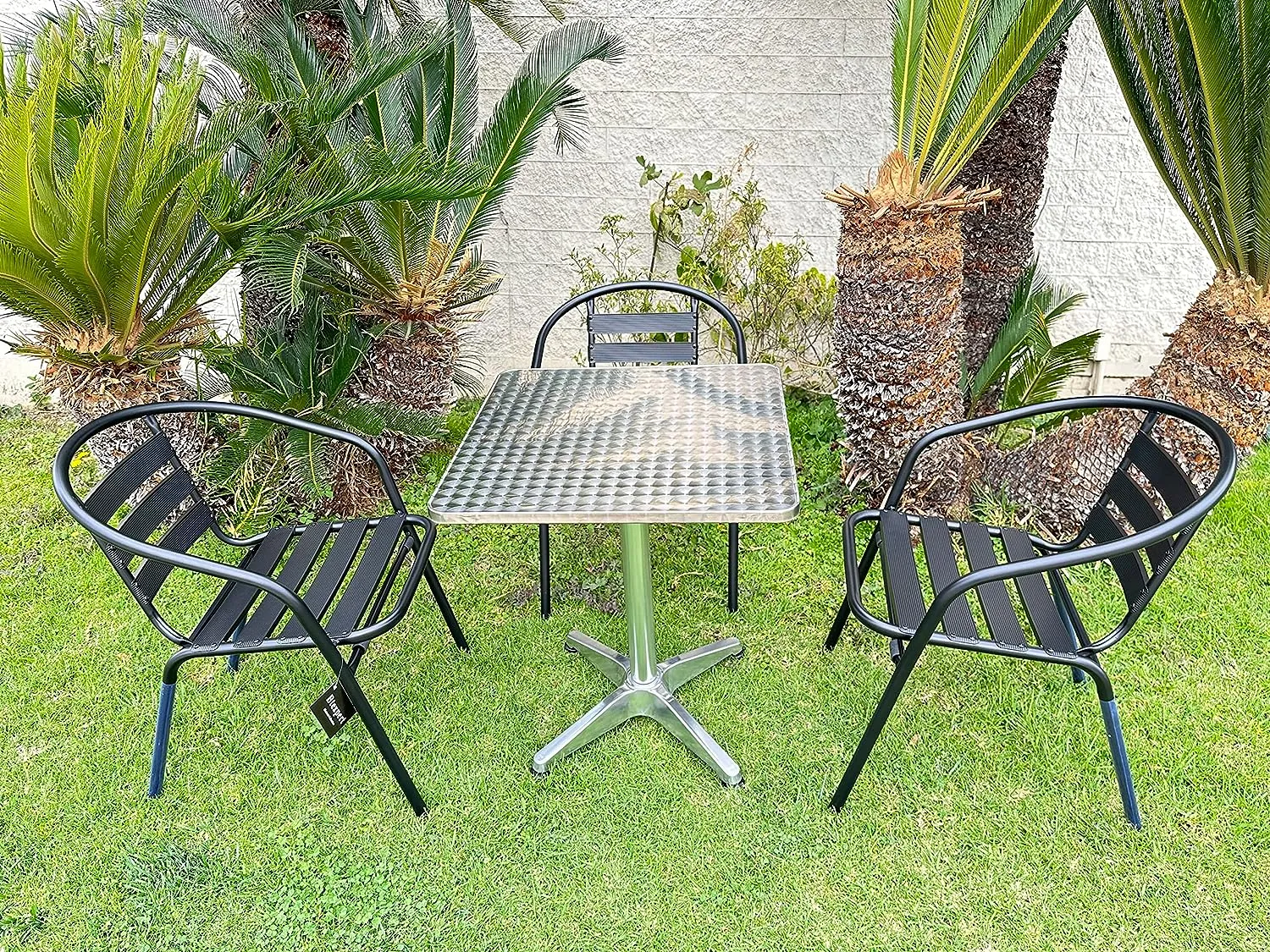 BTExpert Indoor Outdoor 27.5" Square Restaurant Table Stainless Steel Silver Aluminum   4 Black Metal Aluminum Slat Stack Chairs Commercial Lightweight
