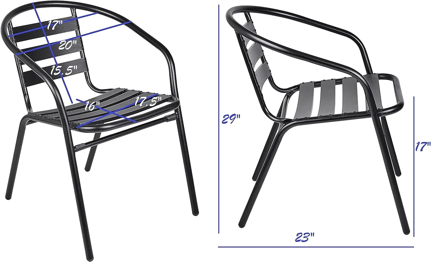 BTExpert Indoor Outdoor 27.5" Square Restaurant Table Stainless Steel Silver Aluminum   4 Black Metal Aluminum Slat Stack Chairs Commercial Lightweight