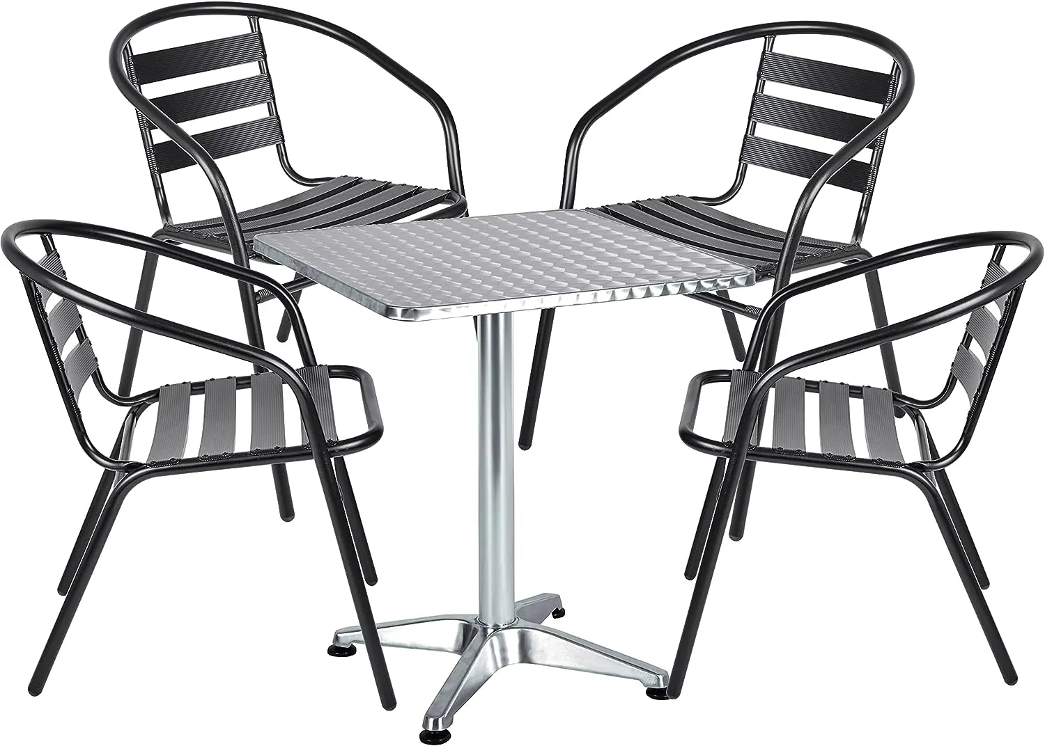 BTExpert Indoor Outdoor 27.5" Square Restaurant Table Stainless Steel Silver Aluminum   4 Black Metal Aluminum Slat Stack Chairs Commercial Lightweight
