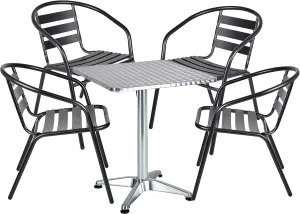 BTExpert Indoor Outdoor 27.5" Square Restaurant Table Stainless Steel Silver Aluminum   4 Black Metal Aluminum Slat Stack Chairs Commercial Lightweight