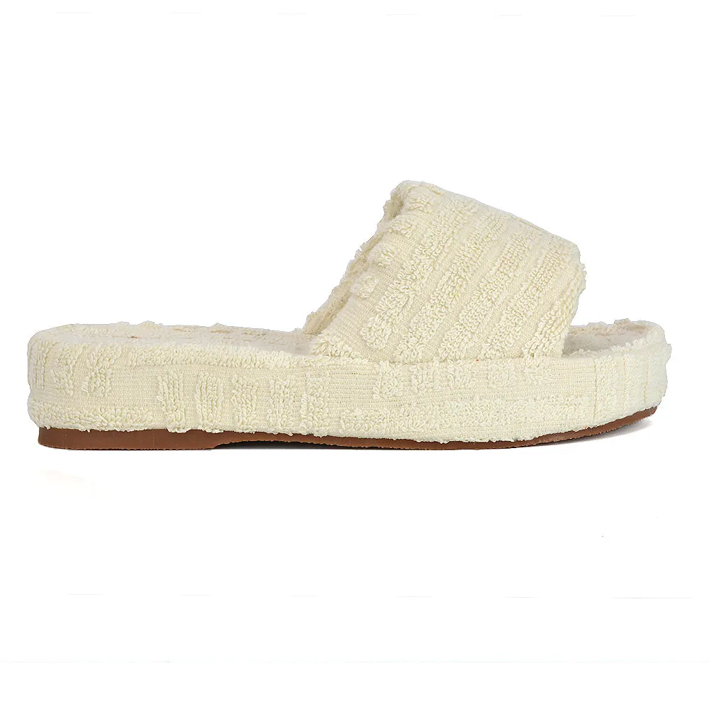 Darla Terry Towelling Sliders Beach Platform Flat Sandals Slippers In Off White