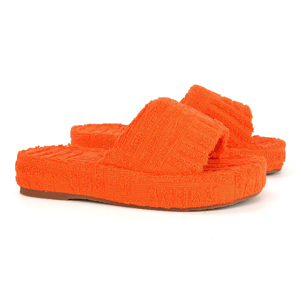 Darla Terry Towelling Sliders Beach Platform Flat Sandals Slippers In Off White