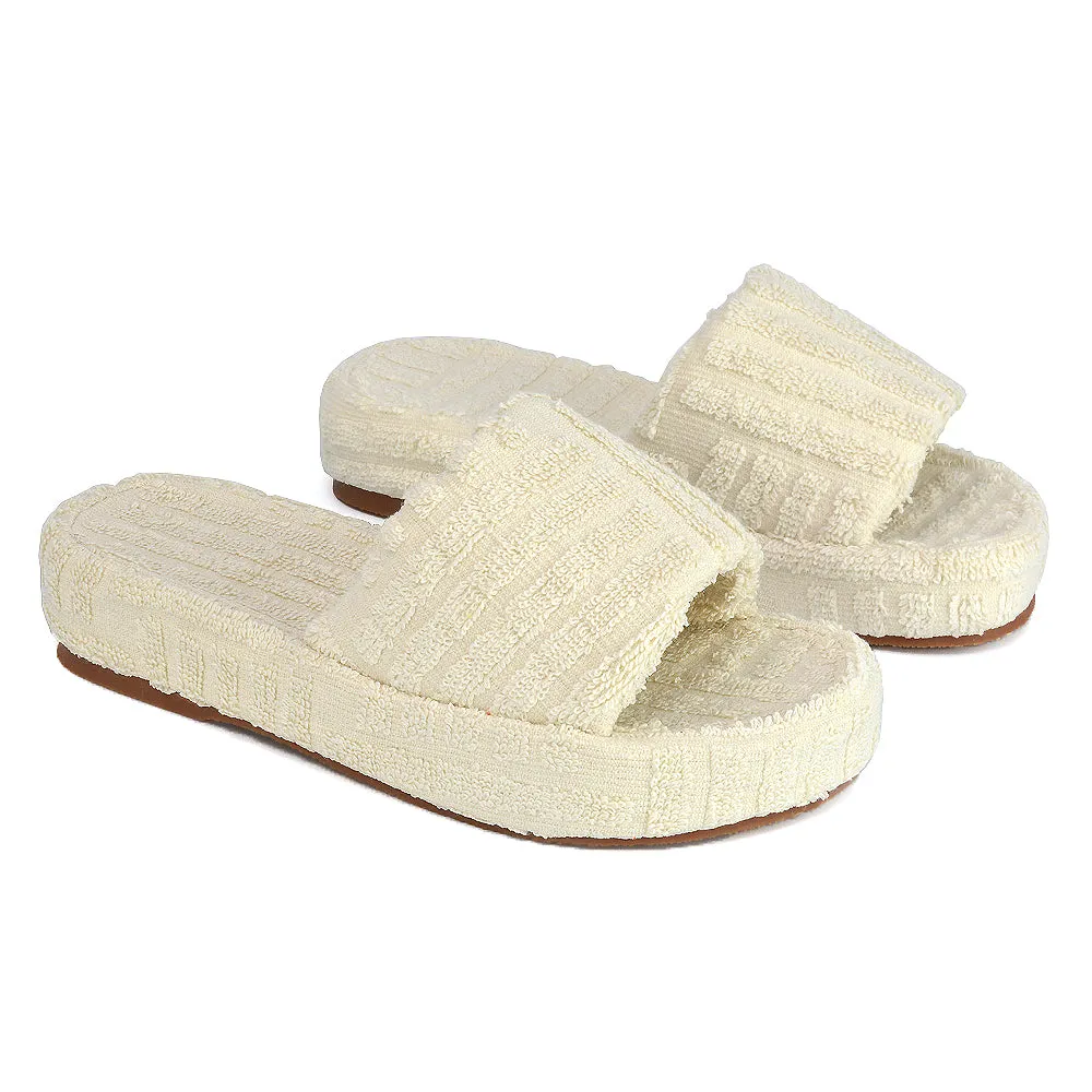 Darla Terry Towelling Sliders Beach Platform Flat Sandals Slippers In Off White