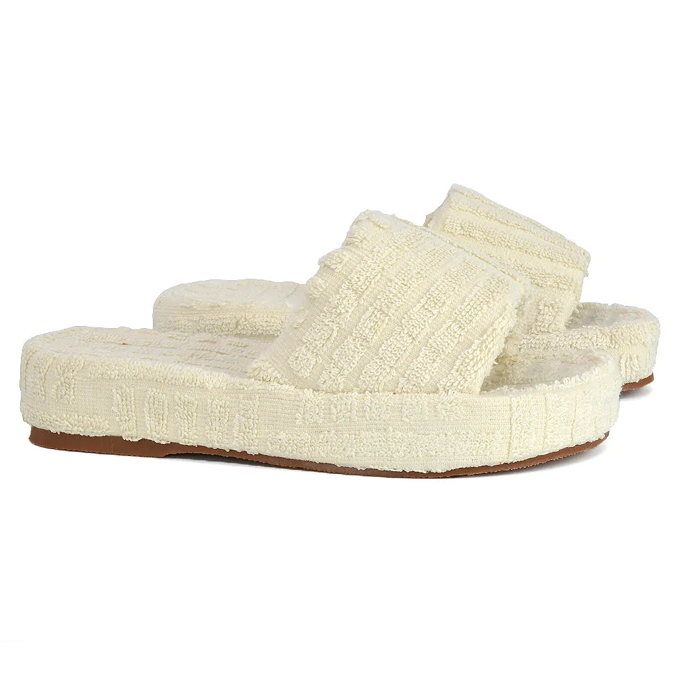 Darla Terry Towelling Sliders Beach Platform Flat Sandals Slippers In Off White