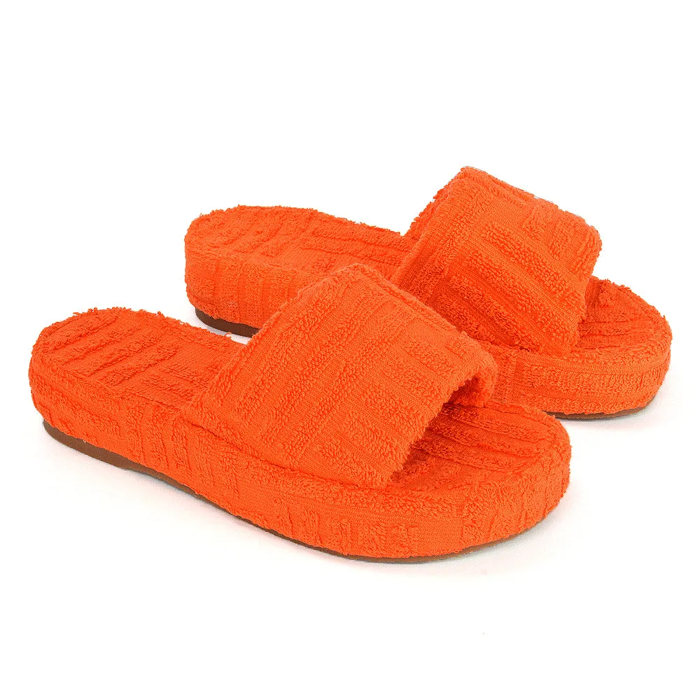 Darla Terry Towelling Sliders Beach Platform Flat Sandals Slippers In Off White