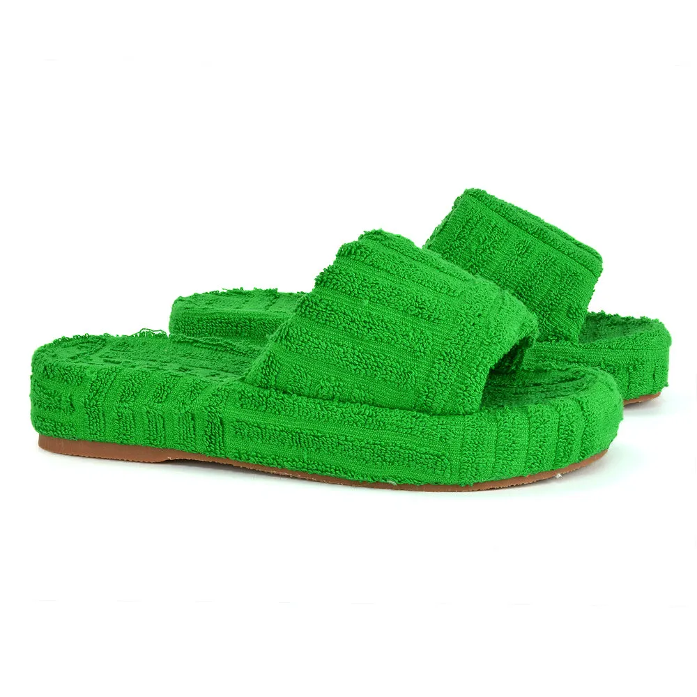 Darla Terry Towelling Sliders Beach Platform Flat Sandals Slippers In Off White