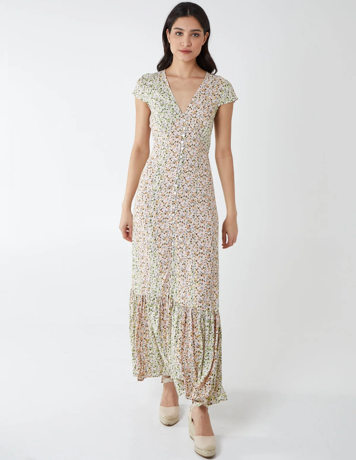 Ditsy Print Cap Sleeves Button Front Midi Dress