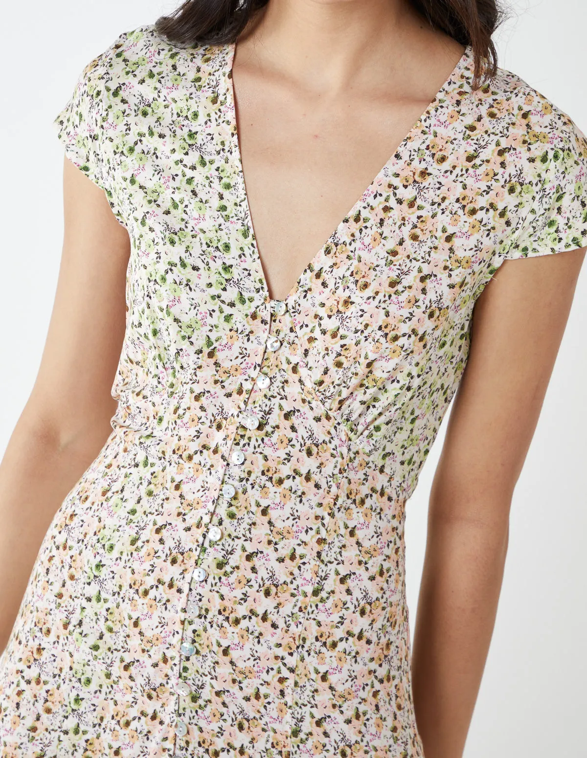 Ditsy Print Cap Sleeves Button Front Midi Dress