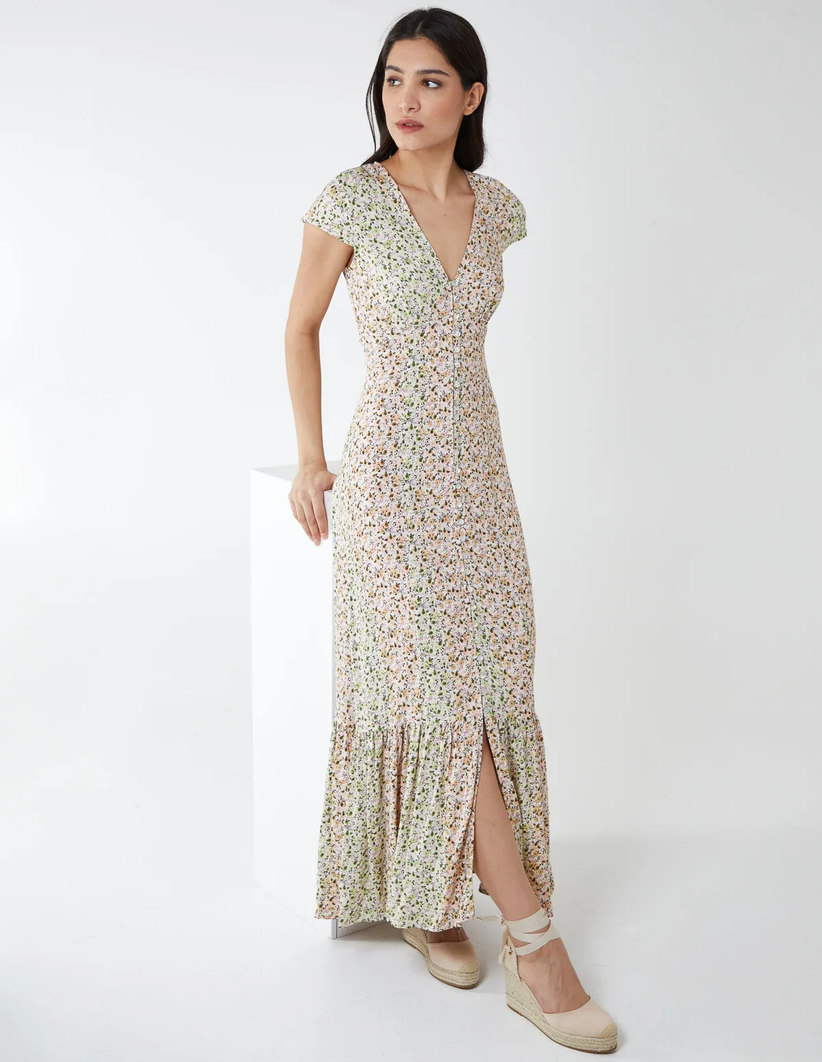 Ditsy Print Cap Sleeves Button Front Midi Dress