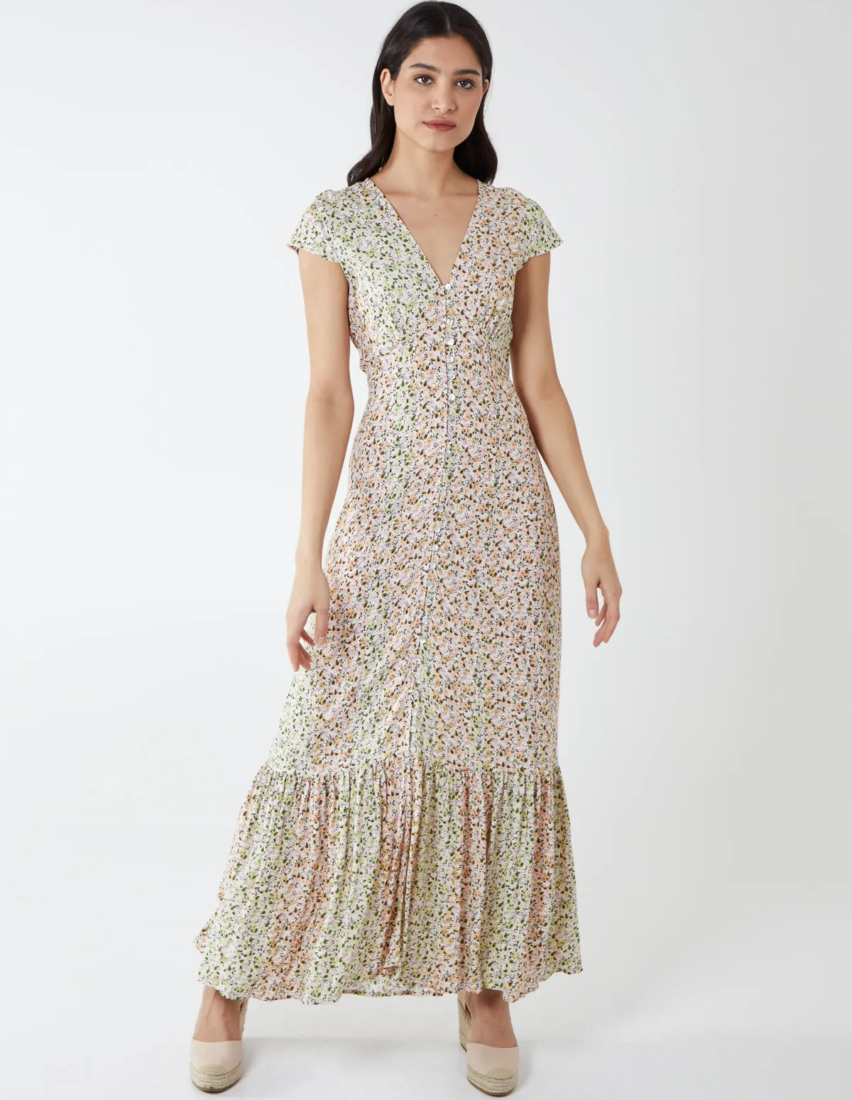 Ditsy Print Cap Sleeves Button Front Midi Dress