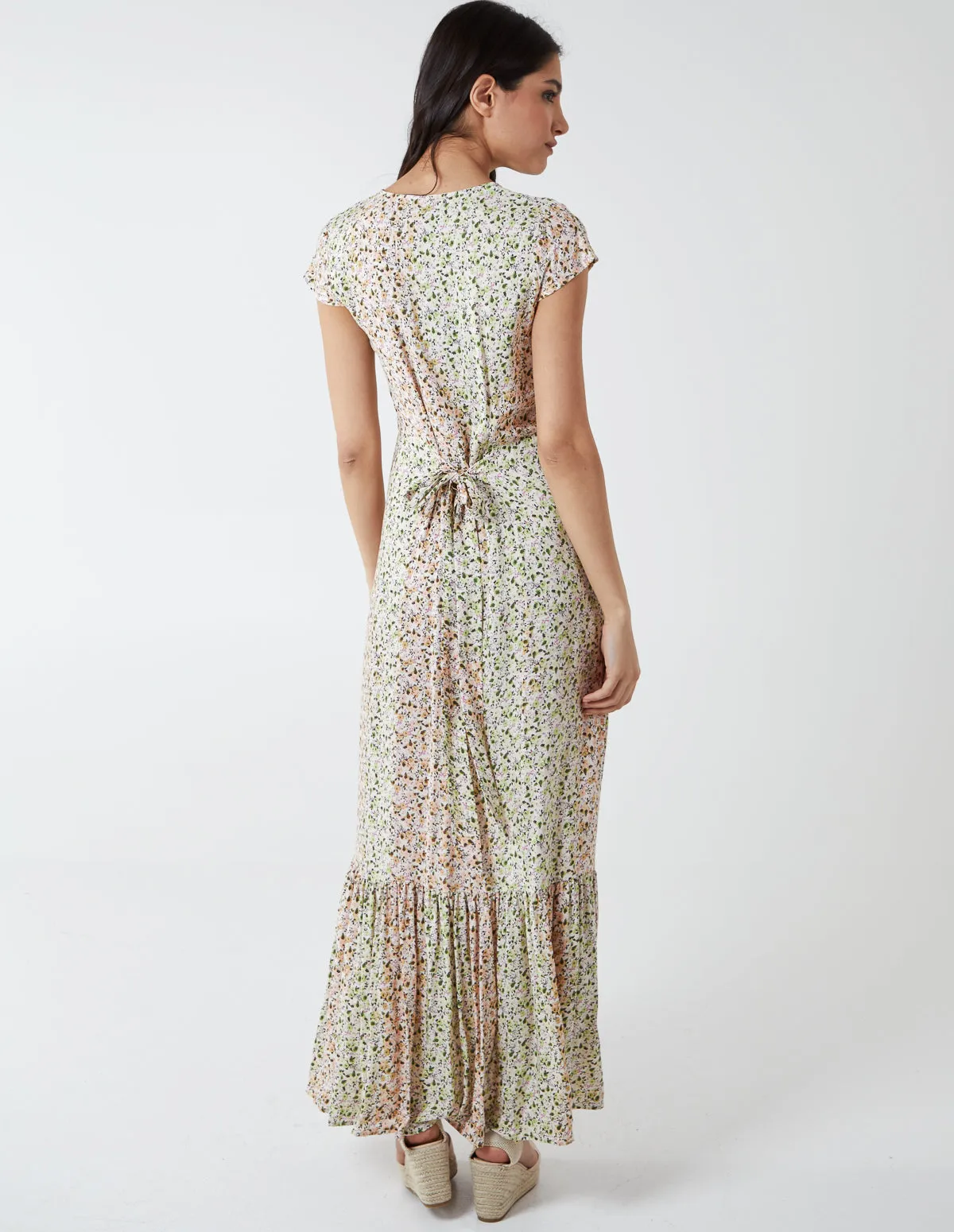 Ditsy Print Cap Sleeves Button Front Midi Dress