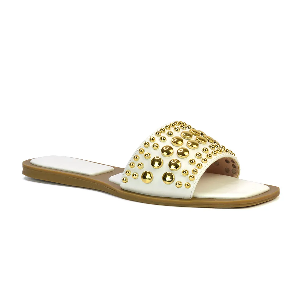 Elodie Studded Flat Heel Slide Sandals With Square Toe in White