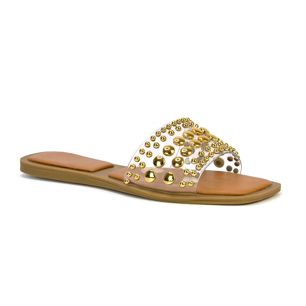 Elodie Studded Flat Heel Slide Sandals With Square Toe in White