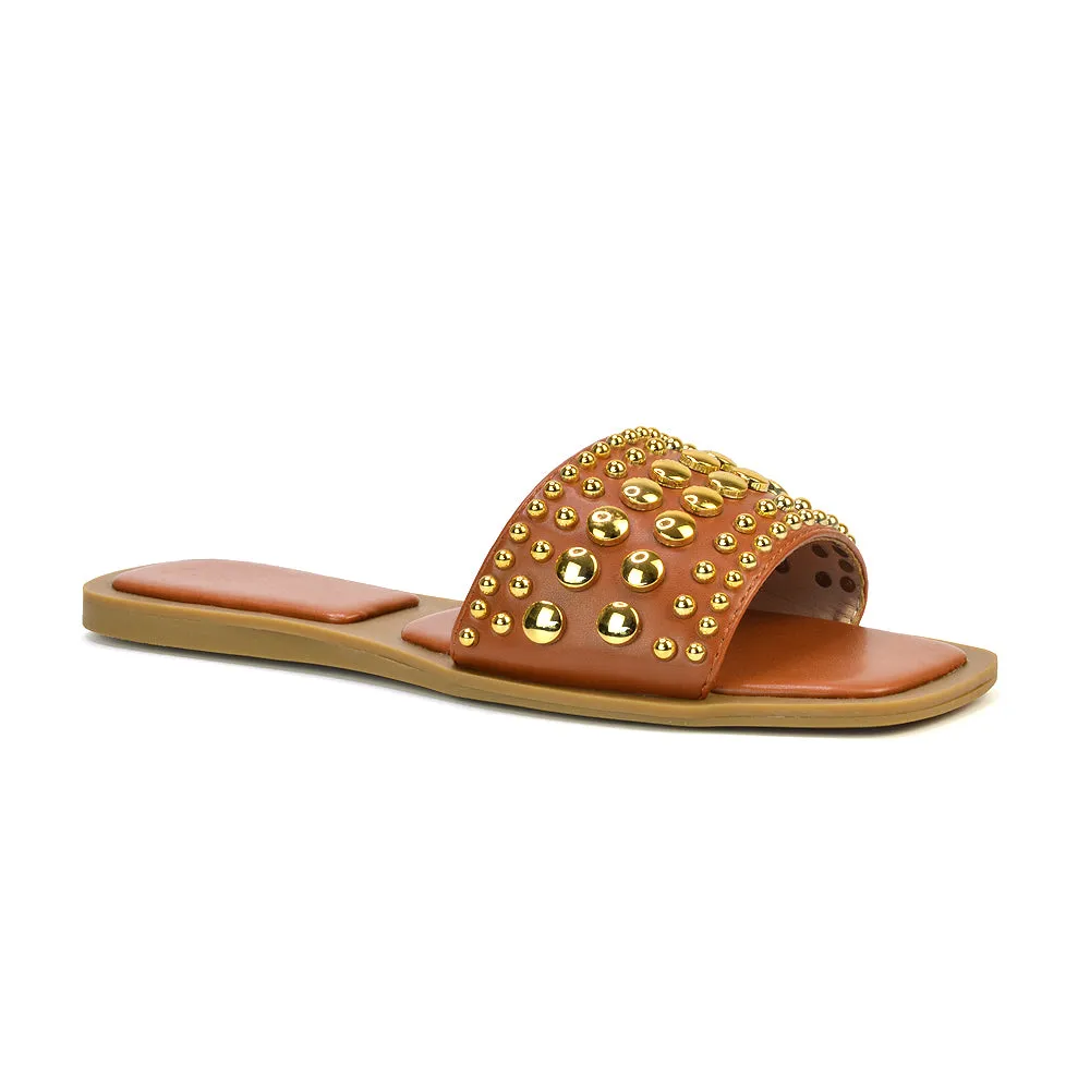 Elodie Studded Flat Heel Slide Sandals With Square Toe in White