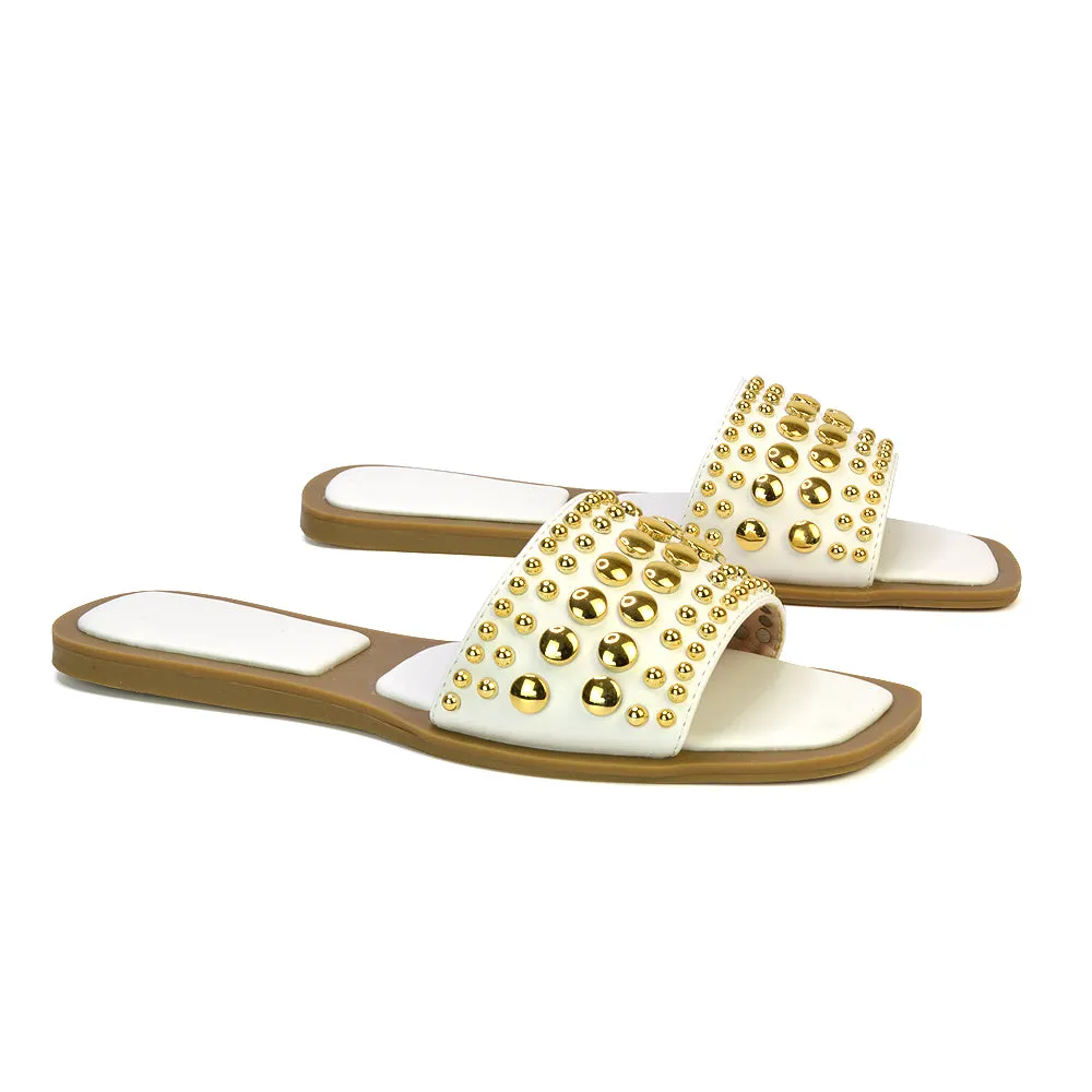 Elodie Studded Flat Heel Slide Sandals With Square Toe in White