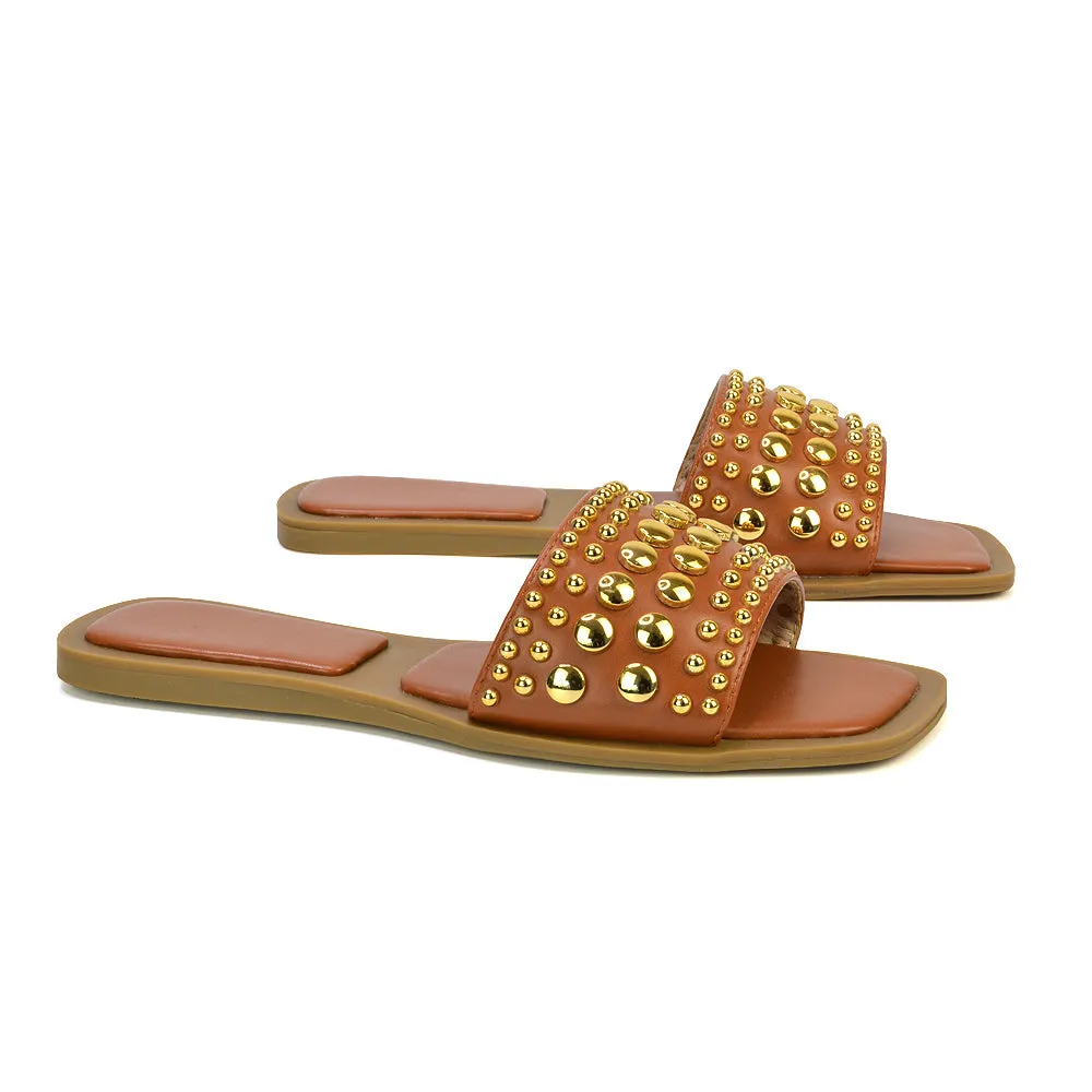 Elodie Studded Flat Heel Slide Sandals With Square Toe in White