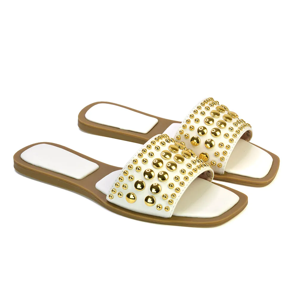 Elodie Studded Flat Heel Slide Sandals With Square Toe in White