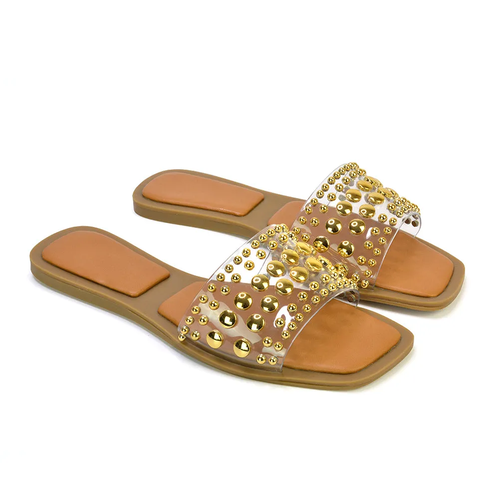 Elodie Studded Flat Heel Slide Sandals With Square Toe in White