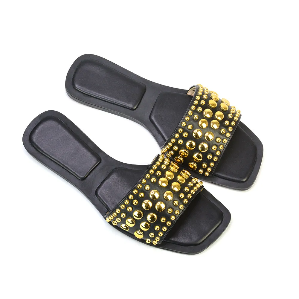 Elodie Studded Flat Heel Slide Sandals With Square Toe in White