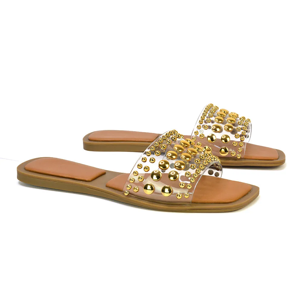 Elodie Studded Flat Heel Slide Sandals With Square Toe in White